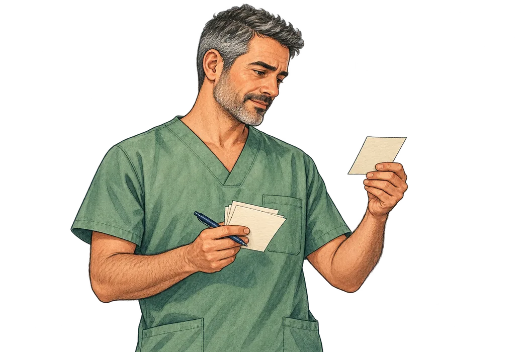 Enfermero repasando tarjetas de estudio