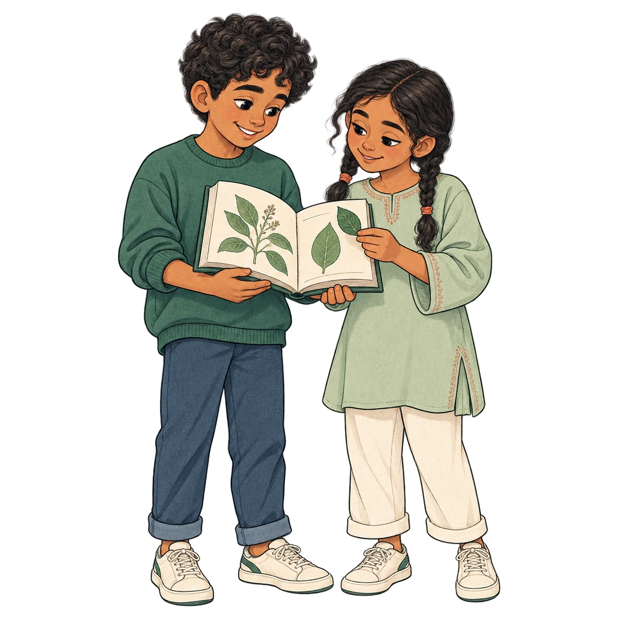 Una niña y un niño miran juntos un libro de ciencias; ella sostiene una hoja verde