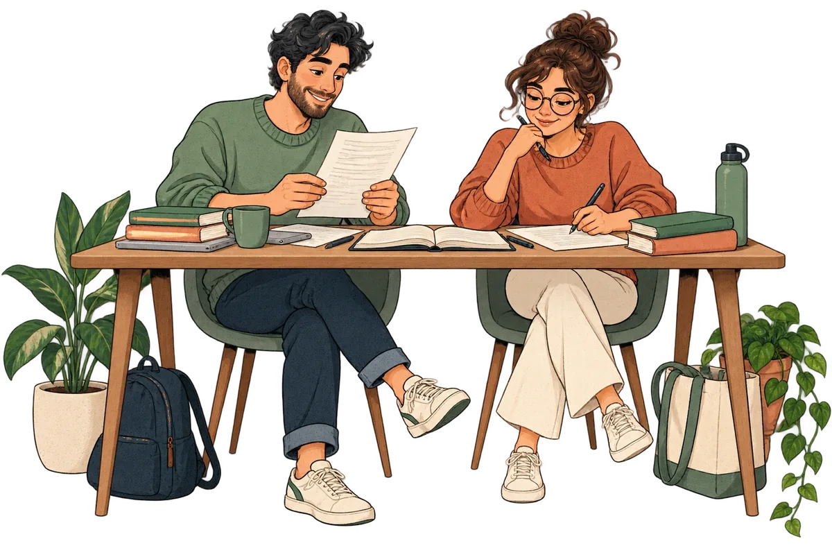 Ilustración de dos personas estudiando juntas